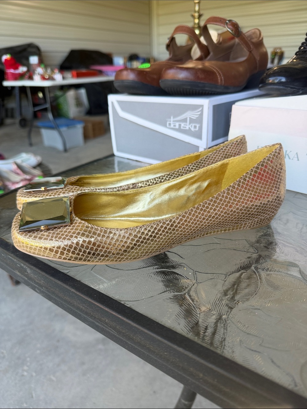 Laura Ashley Gold Snake-Effect Ballet Flats with Decorative Buckle